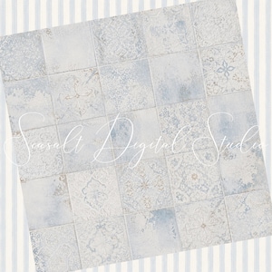 Puede incluir: Una hoja de papel digital con una cuadr&iacute;cula de azulejos cuadrados en tonos azul claro, blanco y gris. Cada azulejo muestra un patr&oacute;n &uacute;nico, desgastado y ornamentado. El texto Seasalt Digital Studio est&aacute; superpuesto en letra cursiva blanca.