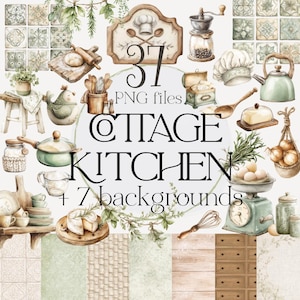 Könnte beinhalten: Aquarell-Illustration mit dem Text "37 PNG-Dateien COTTAGE KITCHEN + 7 Hintergründe". Das Bild zeigt verschiedene Küchenelemente, darunter eine Kochmütze, ein Nudelholz und eine Waage. Die Farbpalette umfasst Grün, Braun und Weiß.