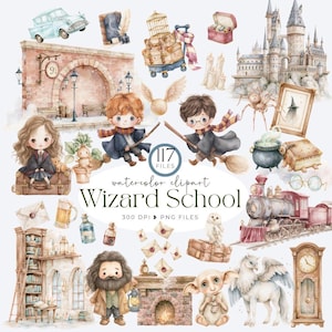 May include: A collection of watercolour clipart featuring a wizard school theme, including illustrations of a castle, steam train, characters, magical creatures, books, potions, letters, and a brick archway with the text 117 FILES Wizard School.