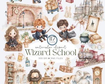 Wizard School Clipart Bundle, Watercolor Magic PNG, Wizard Characters, Fantasy Clipart, Magic Academy, School of Magic, Wizarding Elements