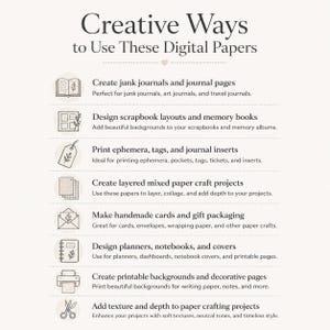 Puede incluir: Un gr&aacute;fico informativo titulado Creative Ways to Use These Digital Papers, que presenta ocho iconos que representan manualidades en papel, incluyendo un libro, un &aacute;lbum de recortes, una etiqueta, papel en capas, un sobre, una agenda, una impresora y unas tijeras.