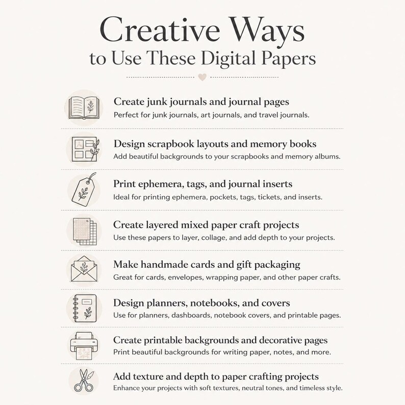 Puede incluir: Un gr&aacute;fico informativo titulado Creative Ways to Use These Digital Papers, que presenta ocho iconos que representan manualidades en papel, incluyendo un libro, un &aacute;lbum de recortes, una etiqueta, papel en capas, un sobre, una agenda, una impresora y unas tijeras.