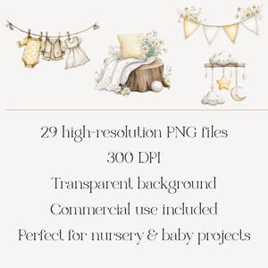 May include: Watercolor illustrations of baby clothes, a pillow, flowers, and a mobile. The image includes text: "29 high-resolution PNG files, 300 DPI, Transparent background, Commercial use included, Perfect for nursery & baby projects."