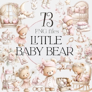 Rosa nallebjörn Clipart PNG, akvarell babybjörn PNG, babyflicka barnrumsdekor, björn babyshower clipart, söt björn bunt (73 PNG-filer)