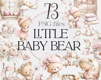ピンクのテディベアのクリップアートPNG、水彩画風の赤ちゃんクマのPNG、女の子のベビーベッドルームの装飾、クマのベビーシャワー用クリップアート、かわいいクマのバンドル（73個のPNGファイル）