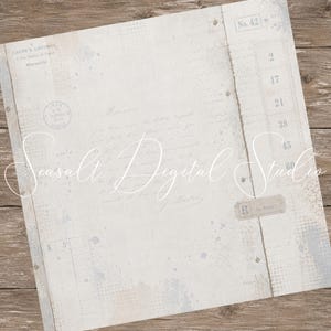 Puede incluir: Una hoja de papel digital cuadrada con una textura gris claro desgastada, tipograf&iacute;a francesa vintage, un sello postal circular de Lyon, una lista en columna numerada y escritura cursiva tenue. Incluye sutiles salpicaduras de pintura azul.