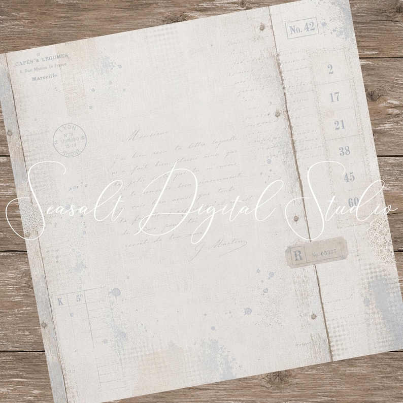 Puede incluir: Una hoja de papel digital cuadrada con una textura gris claro desgastada, tipograf&iacute;a francesa vintage, un sello postal circular de Lyon, una lista en columna numerada y escritura cursiva tenue. Incluye sutiles salpicaduras de pintura azul.