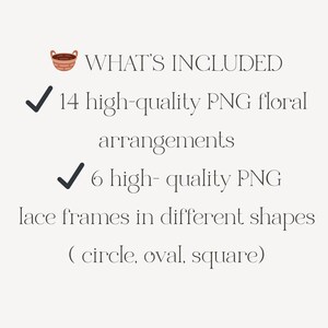 May include: A digital graphic design image with the text "WHAT'S INCLUDED" and a basket icon. The image lists 14 high-quality PNG floral arrangements and 6 high-quality PNG lace frames in circle, oval, and square shapes.