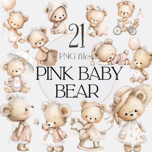 以下が含まれることがあります： 21個のPNGファイルコレクション。可愛らしいピンクの赤ちゃん熊のイラストが特徴です。熊たちは様々なポーズで描かれ、衣装を着て、風船、傘、自転車などのアクセサリーを持っています。「PINK BABY BEAR」の文字が目立っています。