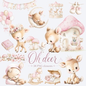 May include: A collection of watercolor illustrations featuring baby deer, a mushroom house, a carousel, baby booties, a rocking horse, a toy chest, balloons, and bunting. The text reads Oh deer 38 PNG elements in a script font on a light background.