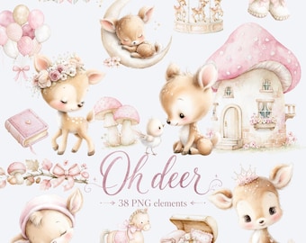Baby Deer Clipart PNG, Pink Fawn Clipart, Woodland Nursery Clipart, Oh Deer Baby Shower, Cute Pink Baby Deer Clipart, Baby Animals PNG
