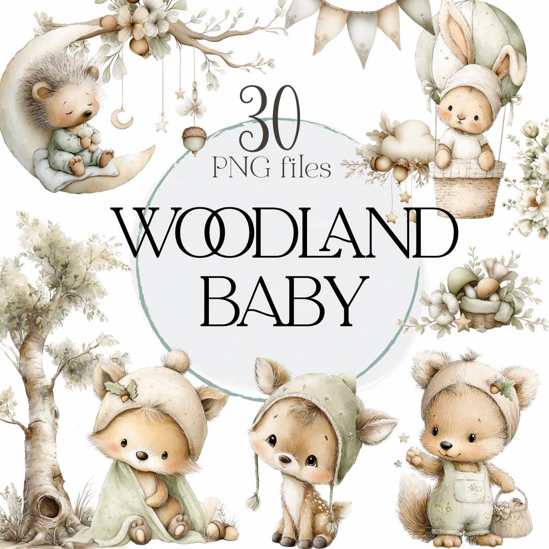 Neutral Baby Clipart PNG, Boho Woodland Baby Animals Clipart, Boho Baby ...