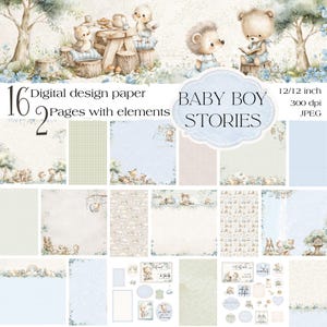 May include: A digital design paper set titled "Baby Boy Stories" featuring 16 pages with elements. The design includes illustrations of woodland animals, trees, and floral accents in soft blue and beige tones. The set is 30.48 x 30.48 cm and 300 dpi.