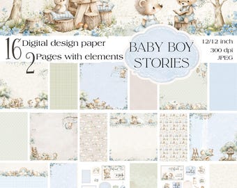 Puede incluir: Un conjunto de papel de diseño digital titulado "Baby Boy Stories" con 16 páginas con elementos. El diseño incluye ilustraciones de animales del bosque, árboles y detalles florales en tonos azules y beige suaves. El conjunto es de 30,48 x 30,48 cm y 300 ppp.