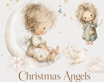 Christmas Angel Clipart PNG, Watercolor Christmas Clipart, Nursery Holiday Graphics, Christmas Card, Winter Clipart Bundle