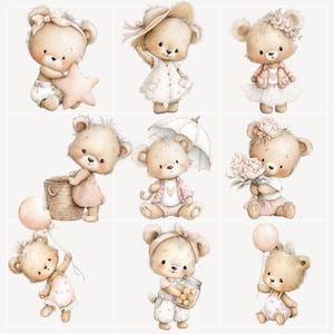 Peut inclure: Illustrations &agrave; l'aquarelle d'adorables ours en peluche dans diverses tenues et poses. Un ours tient une &eacute;toile, un autre porte un chapeau, et d'autres tiennent un panier, un parapluie, des fleurs, un pot de friandises et un ballon. Les ours sont dans des couleurs pastel douces.