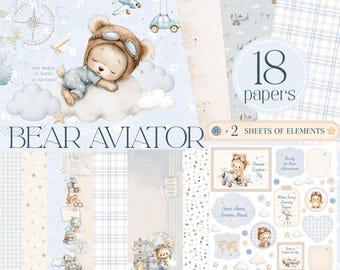 Baby Bear Aviator Digital Paper, Baby Boy Scrapbook Paper, Nursery Digital Paper, Teddy Bear Paper Pack, Baby Shower Paper, Blue Paper Pack