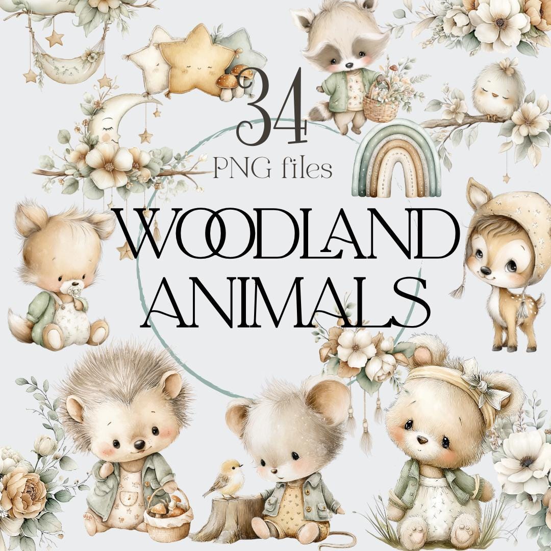 Boho Woodland Baby Animals Clipart, Neutral Baby Clipart PNG, Boho Baby ...