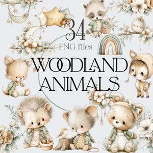 Boho Woodland Baby Animals Clipart, Neutral Baby Clipart PNG, Boho Baby Clipart, Woodland Baby Shower, Nursery PNG, Woodland Nursery Clipart