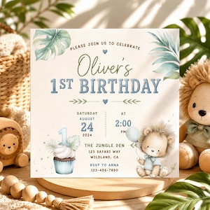 Safari Wild One birthday invitation mockup featuring baby lion clipart, tropical leaves, jungle theme, and watercolor nursery illustrations.