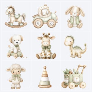 Green Teddy Bear Clipart with rocking horse, puppy, giraffe, bunny, lamb, dinosaur, stacking toy and pull wagon illustrations in soft watercolor style for baby shower invitations and nursery decor.