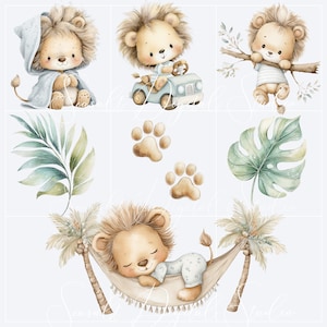 Watercolor baby lion clipart collection with safari nursery elements, palm leaves, baobab tree, toys, nursery accessories, banners,  and jungle-themed illustrations.