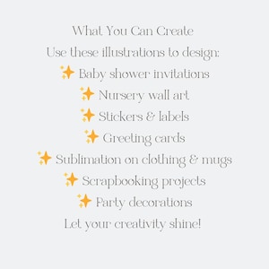 Pu&ograve; includere: Grafica grigia chiara con testo che recita "What You Can Create". Il testo elenca idee di design: inviti per baby shower, arte murale per camerette, adesivi, biglietti di auguri, sublimazione su abbigliamento e tazze, scrapbooking e decorazioni per feste.