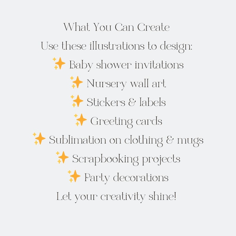 Pu&ograve; includere: Grafica grigia chiara con testo che recita "What You Can Create". Il testo elenca idee di design: inviti per baby shower, arte murale per camerette, adesivi, biglietti di auguri, sublimazione su abbigliamento e tazze, scrapbooking e decorazioni per feste.