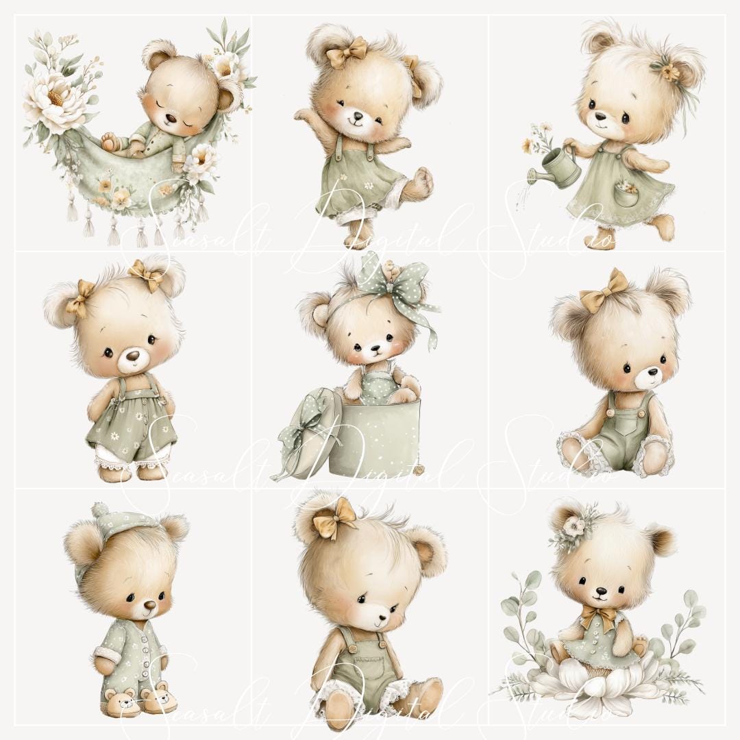Sage Green Teddy Bear Clipart PNG, Watercolor Cute Baby Bear Nursery ...