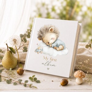 Baby memory book cover created with watercolor hedgehog clipart and woodland nursery elements