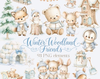 Winter Woodland Clipart PNG, Blue Winter Animals PNG, Cute Winter Forest Animals, Christmas Nursery Clipart, Watercolor Cozy Woodland Animal