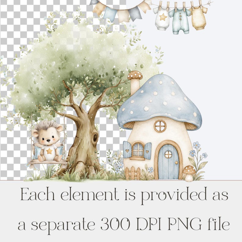 May include: A watercolor illustration featuring a hedgehog on a swing hanging from a tree, a mushroom-shaped house with a blue roof, and a clothesline with baby onesies. The scene includes green foliage, small flowers, and a bunting banner.