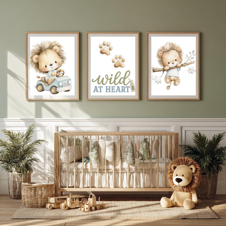 Baby lion nursery wall art mockup with watercolor safari animals, jungle nursery decor, and soft pastel tropical elements.