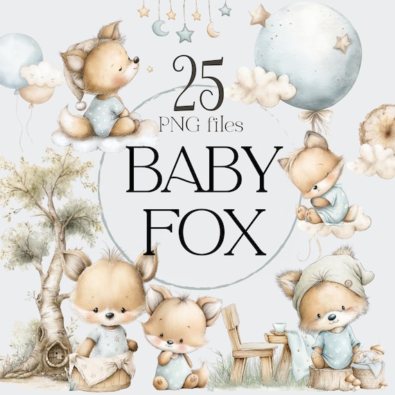 Woodland Animal Nursery, Fox Clipart, Baby Fox PNG, Watercolor Fox, Woodland Clipart, Fox Nursery Art, Baby Animals PNG, Forest Friends PNG