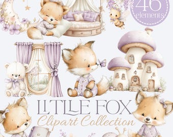 Baby Fox Clipart Bundle, Woodland Nursery PNG, Watercolor Fox Clipart Set, Cute Fox Clipart, Cute Forest Animals, Baby Shower Decor