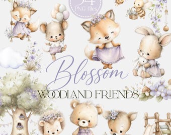 Pode incluir: Uma coleção digital de 54 arquivos PNG com animais da floresta, incluindo uma raposa, um rato, um urso, um ouriço e um cervo, todos vestindo roupas roxas e coroas de flores, acompanhados por uma casa na árvore, um escorregador e flores.