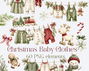 Christmas Baby Clothes Clipart, Baby First Christmas PNG, Baby Shower Clipart, Clothesline Clipart, Christmas Nursery, Watercolor Baby PNG