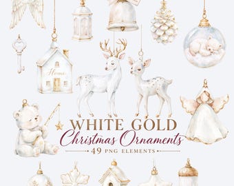 White Gold Christmas Ornaments Clipart, Neutral Elegant Hanging Baubles PNG, Watercolor Christmas Angel, White Bear Deer Acorn Pinecone Star