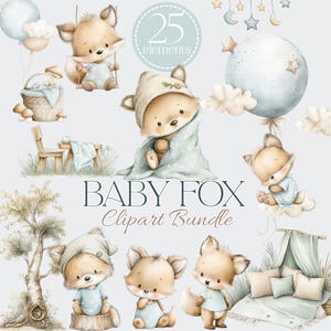 Watercolor baby fox clipart collection with adorable baby foxes, woodland nursery decorations, florals, signs, banners, and coordinating PNG elements for nursery and baby shower projects.