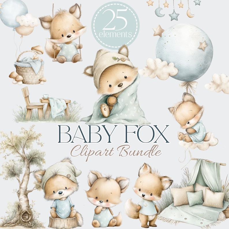 Watercolor baby fox clipart collection with adorable baby foxes, woodland nursery decorations, florals, signs, banners, and coordinating PNG elements for nursery and baby shower projects.