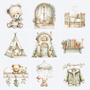 Watercolor nursery decor clipart including teddy bear, crib, reading nook, teepee, bookshelf, hanging mobile, baby clothes and sage green nursery accessories for baby boy room designs and printable projects.