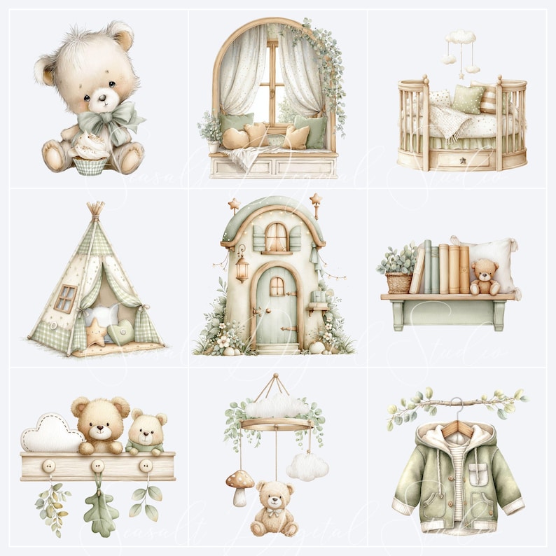Watercolor nursery decor clipart including teddy bear, crib, reading nook, teepee, bookshelf, hanging mobile, baby clothes and sage green nursery accessories for baby boy room designs and printable projects.