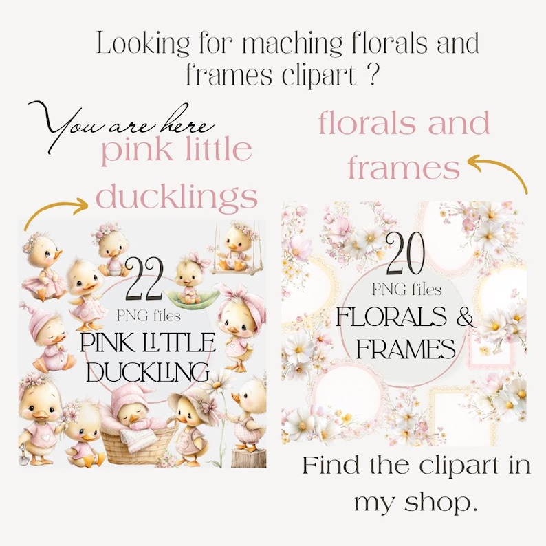 May include: Digital clipart set featuring pink little ducklings and floral frames. The image includes 22 PNG files of ducklings and 20 PNG files of florals and frames. Text includes "Pink Little Duckling" and "Florals & Frames".