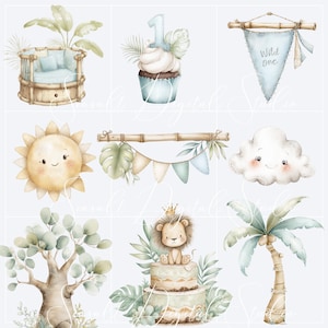 Puede incluir: Una colecci&oacute;n de ilustraciones en acuarela que incluye una cuna de bamb&uacute; con plantas, un cupcake con un n&uacute;mero uno, un bander&iacute;n con el texto Wild One, un sol sonriente, una guirnalda, una nube, un &aacute;rbol, un le&oacute;n sobre un pastel y una palmera.