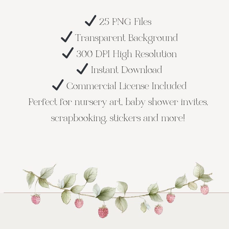 K&ouml;nnte beinhalten: Digitales Grafikdesign mit Text: 25 PNG-Dateien, transparenter Hintergrund, 300 DPI hohe Aufl&ouml;sung, Sofort-Download, kommerzielle Lizenz inklusive. Mit einer Illustration einer Weinrebe mit Bl&auml;ttern und rosa Beeren.