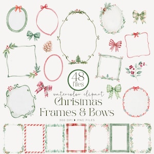 Könnte beinhalten: Eine Sammlung von Aquarell-Weihnachts-Cliparts mit verschiedenen Rahmen und Schleifen in Rot und Grün. Das Set enthält ovale, rechteckige und verzierte Rahmen, die mit Tannenzweigen, Beeren und Bändern verziert sind, sowie den Text 48 files.