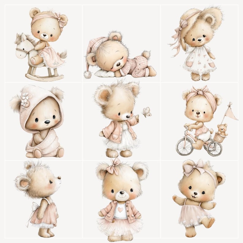 Peut inclure: Neuf adorables illustrations &agrave; l'aquarelle d'ours en peluche dans diverses poses et tenues. Les ours sont repr&eacute;sent&eacute;s dans des couleurs pastel douces, portant des robes, des vestes et des bonnets. Un ours monte un cheval &agrave; bascule, un autre fait du v&eacute;lo.