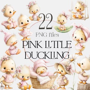 pink baby duck clipart bundle, cute duckling png set, baby girl nursery clipart, watercolor baby animals