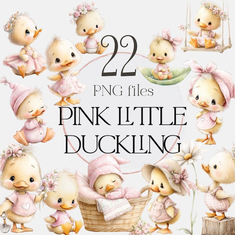 pink baby duck clipart bundle, cute duckling png set, baby girl nursery clipart, watercolor baby animals