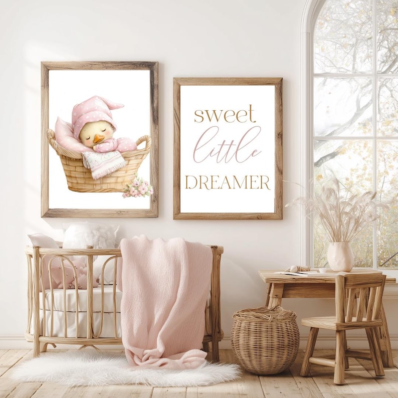 baby girl nursery wall art with duck clipart, pink duckling decor for kids room